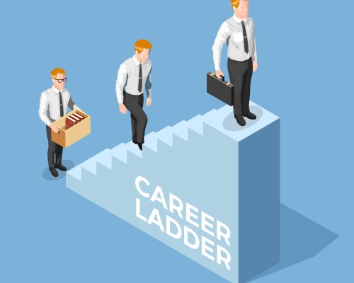 Recruitment concept with male adult climbing career ladder 3d isometric vector illustration